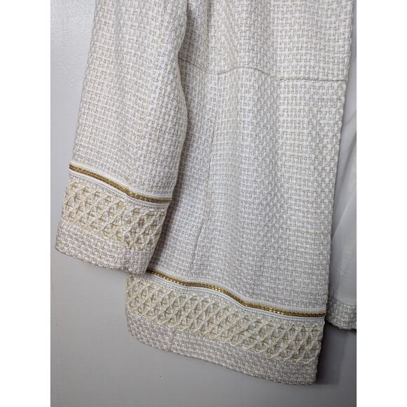 Chico's Textured Embellished Trim Cream Gold Jacket Size 2 (L) Lined Cruise - Picture 2 of 11